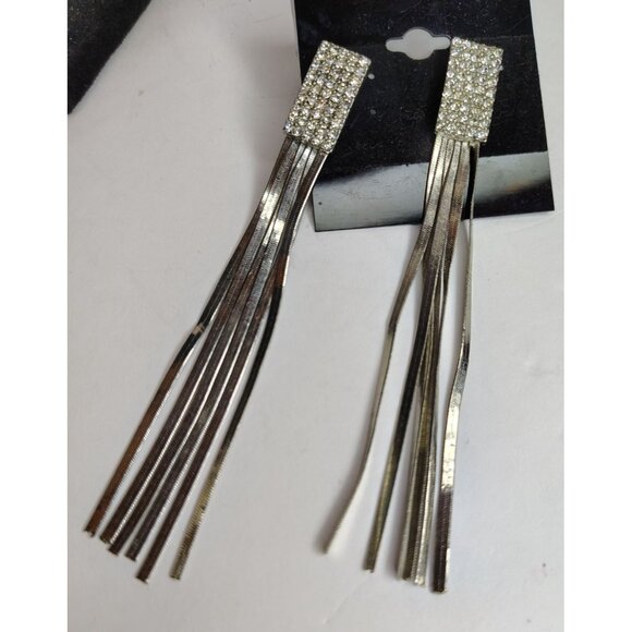 1980's Style Shoulder Duster Earrings, Silver Tone, Rhinestone, Retro Inspired - Picture 2 of 4